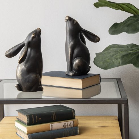 Moongazing Pair of Hares Sculpture in Smooth Bronze Finish Moongazing Pair of Hares Sculpture in Smooth Bronze Finish