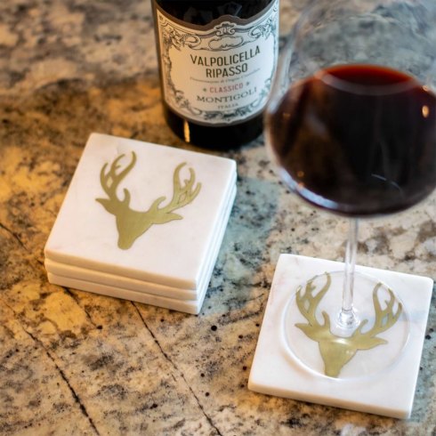Set of 4 Marble Coasters with Brass Stag Accents Set of 4 Marble Coasters with Brass Stag Accents