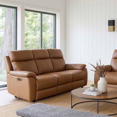 Montego Power Reclining Three Seater Sofa In Tan Leather with Skai Back Montego Power Reclining Three Seater Sofa In Tan Leather with Skai Back