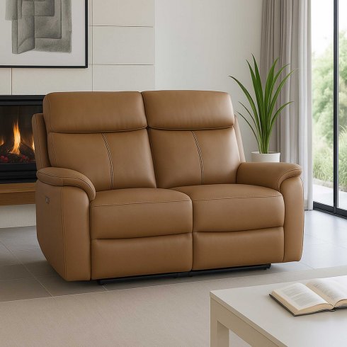 Montego Power Reclining Two Seater Sofa In Tan Leather with Skai Back Montego Power Reclining Two Seater Sofa In Tan Leather with Skai Back