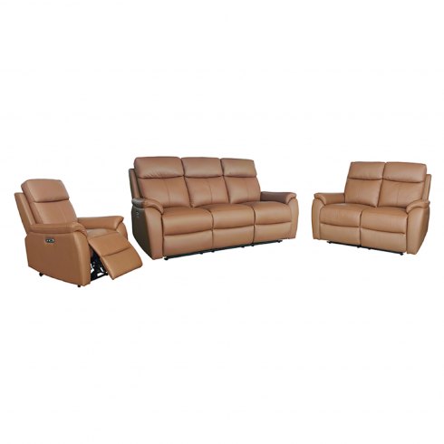 Montego Power Reclining Group: 3-Seater Sofa, 2-Seater Sofa & Armchair In Tan Leather with Skai Back Montego Power Reclining Group: 3-Seater Sofa, 2-Seater Sofa & Armchair In Tan Leather with Skai Back