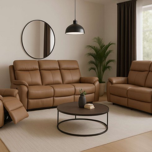 Montego Power Reclining Group: 3-Seater Sofa, 2-Seater Sofa & Armchair In Tan Leather with Skai Back Montego Power Reclining Group: 3-Seater Sofa, 2-Seater Sofa & Armchair In Tan Leather with Skai Back