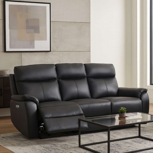 Montego Power Reclining Three Seater Sofa In Black Leather with Skai Back Montego Power Reclining Three Seater Sofa In Black Leather with Skai Back