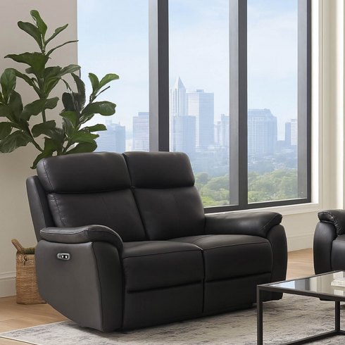 Montego Power Reclining Two Seater Sofa In Black Leather with Skai Back Montego Power Reclining Two Seater Sofa In Black Leather with Skai Back