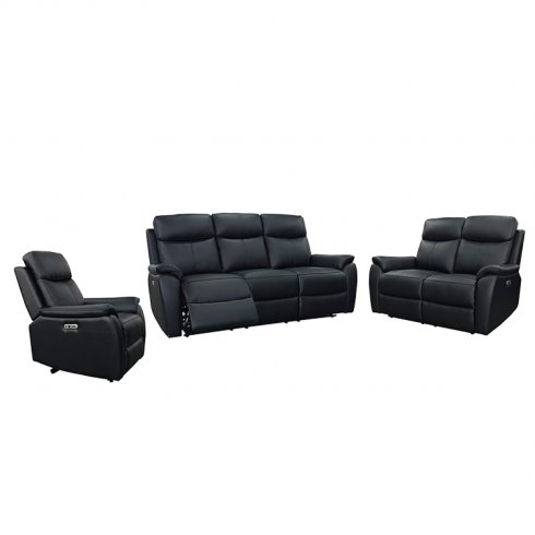 Montego Power Reclining Group: 3-Seater Sofa, 2-Seater Sofa & Armchair In Black Leather / Skai Back Montego Power Reclining Group: 3-Seater Sofa, 2-Seater Sofa & Armchair In Black Leather / Skai Back