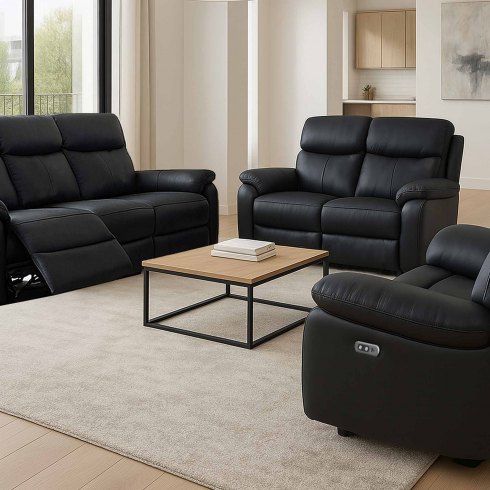 Montego Power Reclining Group: 3-Seater Sofa, 2-Seater Sofa & Armchair In Black Leather / Skai Back Montego Power Reclining Group: 3-Seater Sofa, 2-Seater Sofa & Armchair In Black Leather / Skai Back