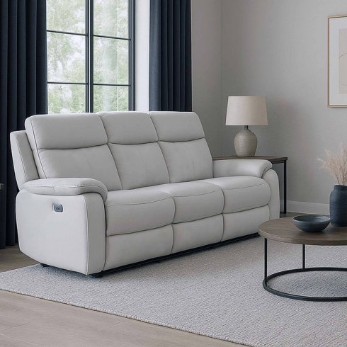 Montego Power Reclining Three Seater Sofa In Pewter Leather with Skai Back Montego Power Reclining Three Seater Sofa In Pewter Leather with Skai Back