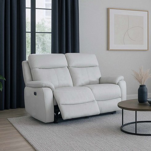 Montego Power Reclining Two Seater Sofa In Pewter Leather with Skai Back Montego Power Reclining Two Seater Sofa In Pewter Leather with Skai Back