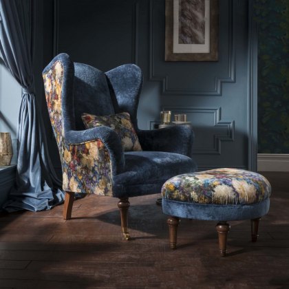 Crawford Wing Chair in Allure Azure Velvet and Printed Velvet Outside Trim Crawford Wing Chair in Allure Azure Velvet and Printed Velvet Outside Trim