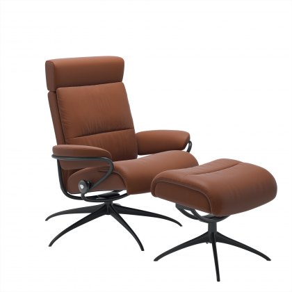 Stressless Tokyo Recliner with Headrest & Footstool in Paloma Copper Leather & Matt Black Star Base