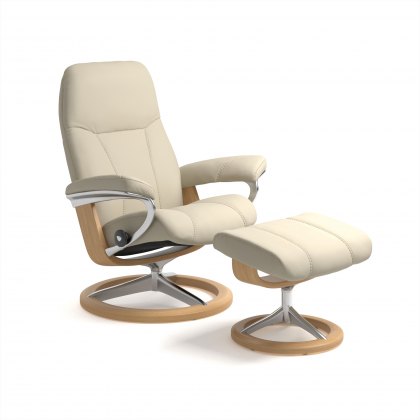 Stressless Consul Recliner & Footstool in Batick Cream Leather & Oak Signature Base