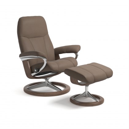 Stressless Consul Recliner & Footstool in Batick Mole Leather & Walnut Signature Base