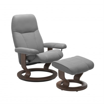 Stressless Consul Recliner & Footstool in Batick Wild Dove Leather & Oak Classic Base