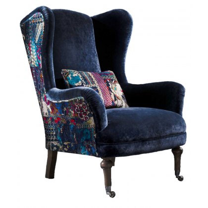 Crawford Wing Chair in Opium Italian Velvet & Printed Velvet Outside Trim