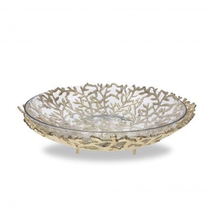 Medium Gold Finish Coral Basket Bowl with Glass Insert