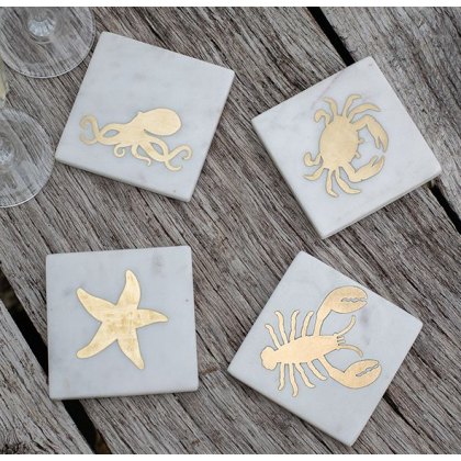 Marble with Brass Coast Accent Set of Four Coasters