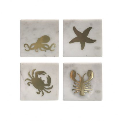 Marble with Brass Coast Accent Set of Four Coasters