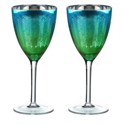 Set of Two Peacock Wine Glasses