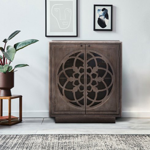 Flower Fretwork Two Door Wooden Cabinet