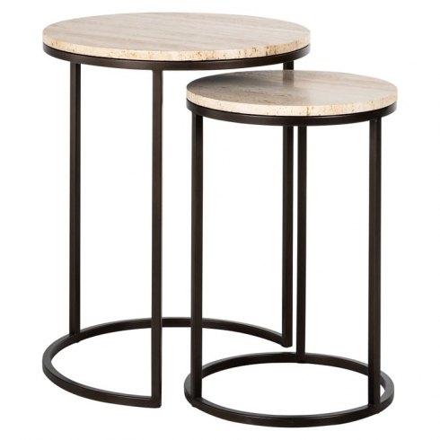 Ava Round Nest of Tables - Bronze Finish Iron with Travertine Tops