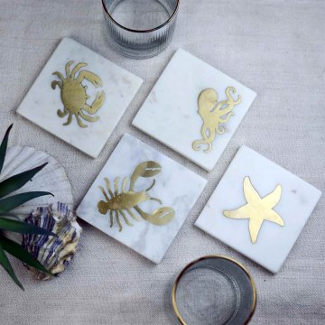 Marble with Brass Coast Accent Set of Four Coasters