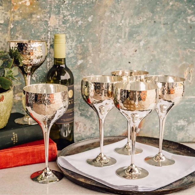 Set of Six Hammered Wine Goblets