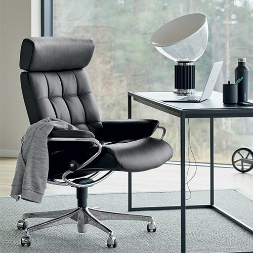 Stressless London Home Office Chair with Adjustable Headrest in Paloma  Black Leather & Chrome - Dansk
