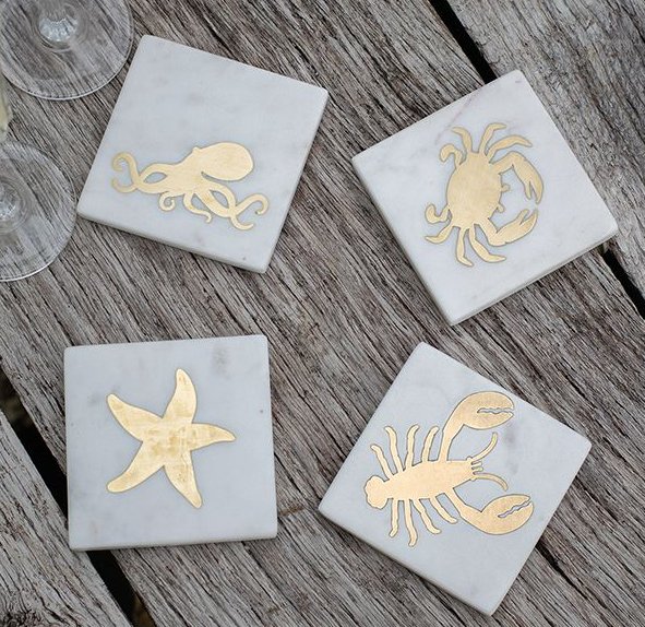Marble with Brass Coast Accent Set of Four Coasters