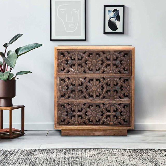 Botanical Fretwork Three Drawer Chest in Mango Wood